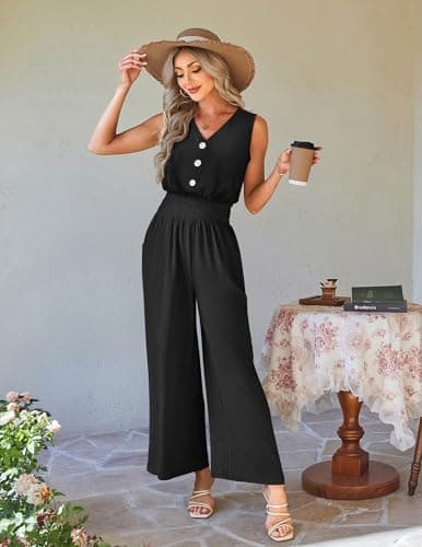 LOOKBOHO Women Jumpsuit Fashion Dressy One Piece Outfits Summer Sleeveless V Neck Rompers Casual Wide Leg Pants(B,XXL) - Thumbnail 4