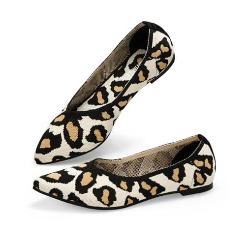 ATHMILE Pointed Toe Flats for Women Dressy Leopard Work Shoes Business Casul Knit Ballet Flats Slip on Office Ladies Comforttable Dress - Thumbnail 5