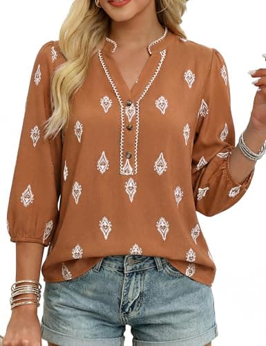 GRACE KARIN Boho Tops for Women Summer, Dressy Casual Floral Blouses, V Neck Button Up 3/4 Sleeve Shirts for Vacation Brown L - Image 1