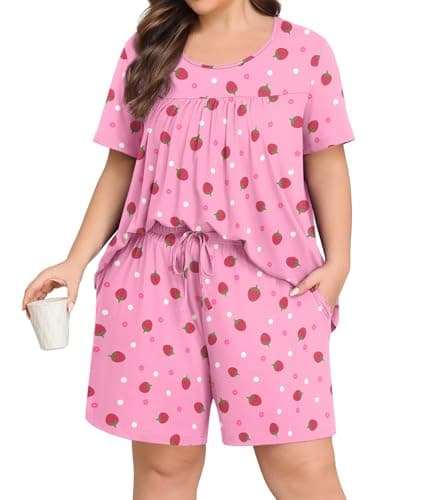 Lastshe Plus Size Pajama Set for Women Summer Short Sleeve Shorts Ladies Pjs 2 Piece Soft Lounge Set with Pockets Sleepwear,Pink Strawberry-1X - Image 1