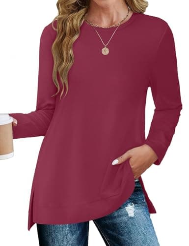 JUSTFASHIONNOW Womens Long Sleeve Crew Neck Shirts Side Split Lightweight Loose Tunic Tops Business Casual 2025 Clothes(Wine Red,X-Large) - Thumbnail 3