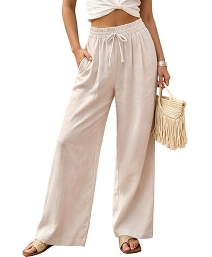 AceNest Womens Linen Pants with Pockets High Waisted Linen Drawstring Pants Wide Leg Petite Palazzo Pants Casual Summer Beige XL - Image 1
