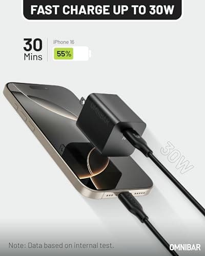 OMNIBAR 30W USB C Charger Block, GaN Type C Wall Charger Block, PD3.0 PPS USB-C Power Adapter, Compact iPhone Charger Fast Charging for iPhone 17/16/15, Samsung Galaxy S25/S24/S23, Pixel 10/9/8, Black - Thumbnail 2
