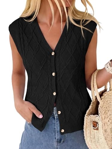 BTFBM Sweater Vest Women V Neck Cap Sleeve Button Down Knit Tops Spring Summer 2026 Loose Lightweight Cardigan Vests(Black, Medium) - Image 1