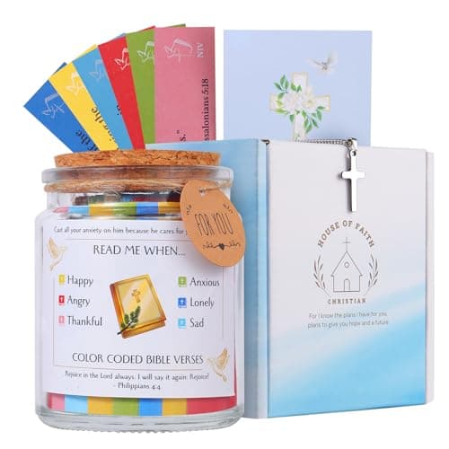 Bible Verse Jar, Christian Gifts For Women Faith, Inspirational Gift for Mom, Read Me When Prayer Bible Jar for Men, Religious Home Decor, 90 Color Coded Scripture Cards with Cross Necklace - Image 1