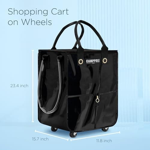 Shopping Cart on Wheels with Card Holder, Folding Reusable Grocery Bag, Lightweight Rolling Tote, Waterproof Black Bag for Travel, Moving, and Camping, Holds up to 66 lbs - Thumbnail 2