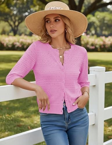GRACE KARIN Womens Short Sleeve Cardigan Sweater, Lightweight Cotton Cardigan Trendy, Dressy Open Front Bolero Shrugs Pink - Thumbnail 4