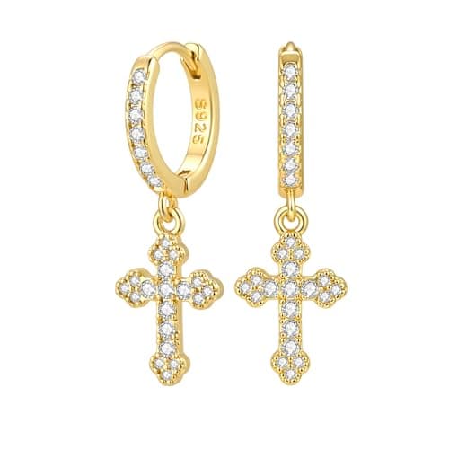 Gold Cross Hoop Earrings for Women, Dainty Drop Earrings 14K Gold Plated Dangling Earrings with Cubic Zirconia Pendant Trendy Hypoallergenic Huggie Hoop Earring Small Mens Cross Earrings for Religious Beliefs Jewelry Gift - Image 1