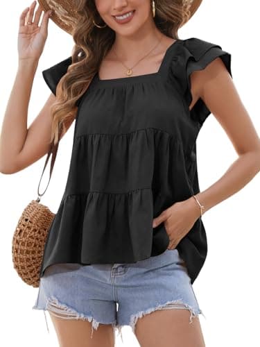 IYICLOTH Vacation Babydoll Tops for Women Peplum Tank Top Summer Casual Ruffle Sleeve Square Neck Cute Flowy Blouses,M Black - Image 1
