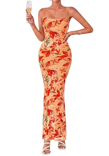 BTFBM Womens Summer Maxi Dress 2026 Floral Mesh Spaghetti Straps Sleeveless Sexy Bodycon Wedding Cocktail Party Dresses(Floral Yellow Red, X-Large) - Image 1