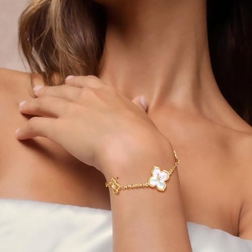 FETERO Gold Bracelets for Women Trendy, Dainty 14K Gold Plated Charm Clover Bracelet 2 Sided MOP Lucky Pendant Cute Pearl Beaded Bracelets Link Chain Waterproof Womens Jewelry Gifts - Thumbnail 5