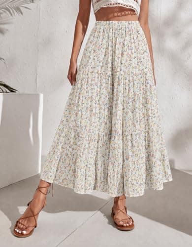 Zeagoo Womens Summer Maxi Skirt Trendy High Waist Pleated Ruffle Long Skirts Flowy Beach Boho Skirt Dress with Pockets M - Thumbnail 2