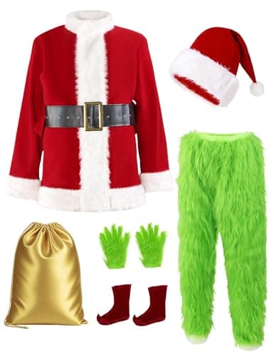 ACH Christmas Costume Adults Men Santa Claus Suit 7PCS Deluxe Professional Furry Xmas Halloween Cosplay Outfit for Adult Set