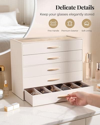 Lolalet 30 Slots Sunglasses Organizer Case for Women, 5-Layer Eyeglass Storage Holder Display Box with Clear Top Lid, Mothers Day Gifts -Cream - Thumbnail 4