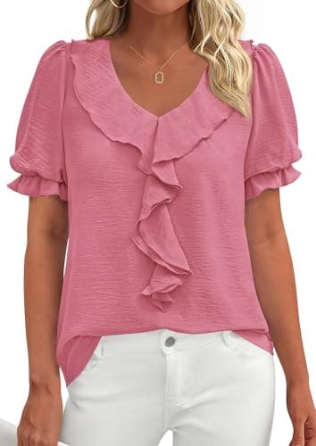 PRETTYGARDEN Women's Summer Dressy Casual Blouses 2026 Short Sleeve V Neck Ruffle Business Work Tops Trendy Spring Outfits (Dark Pink,Medium) - Thumbnail 3