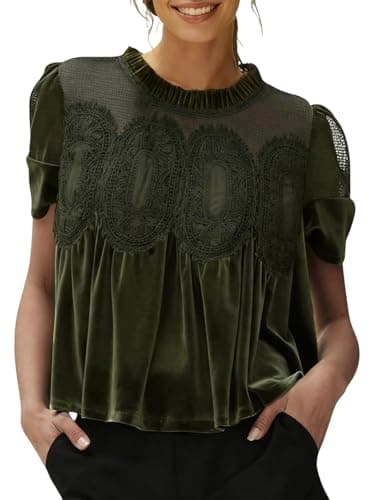 hathne Velvet Lace Blouse for Women Elegant Casual Crew Neck Short Sleeve Top Loose Fit Flared Swing Shirt(ArmyGreen,L) - Image 1
