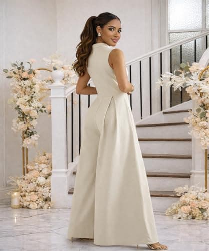 knowfashionstyle Jumpsuits For Women Dressy Sleeveless Zip Up Wide Leg Jumpsuit Date Night Rompers Formal Party Outfits Apricot 2XL - Thumbnail 3