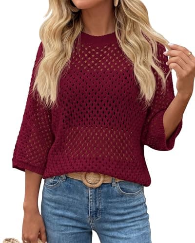 KIRUNDO Crochet Tops for Women Spring Summer Short Sleeve Hollow Out Loose Beach Sweater Lightweight Knit Cover Up Shirts Wine Red - Image 1