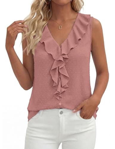 PRETTYGARDEN Tank Tops for Women 2026 Summer Fashion Sleeveless Ruffle Button Swiss Dot Dressy Casual Blouses Work Shirts (Dusty Pink,Small) - Image 1