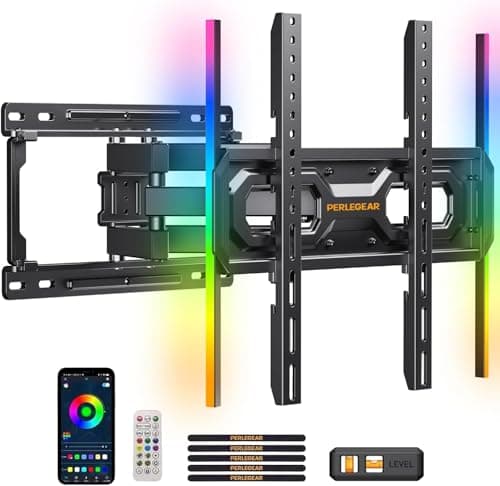 Perlegear AuraFrame™ Pre-Assembled TV Wall Mount with LED Lights for 26-65 inch TVs up to 99 lbs, Max VESA 400x400mm, Swivel, Extension, Tilt, TV Backlights with Music Sync, Fits 16”/12” Wood Studs - Image 1