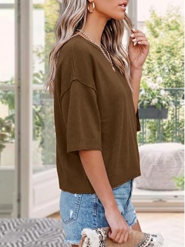 LaGracia Sweater for Women Summer Short Sleeve Oversized Cropped Sweaters Casual Crewneck Lightweight Knit Tops Coffee XL - Thumbnail 4