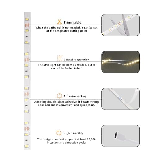 16.4ft 12V LED Strip Lights Warm White, USB C LED Light Strip Powered by Type-C, Flexible Cuttable LED Tape Light, USB Powered LED Lights for Bedroom, Cabinet, Mirror, 1ft USB-C Cable Included - Thumbnail 5
