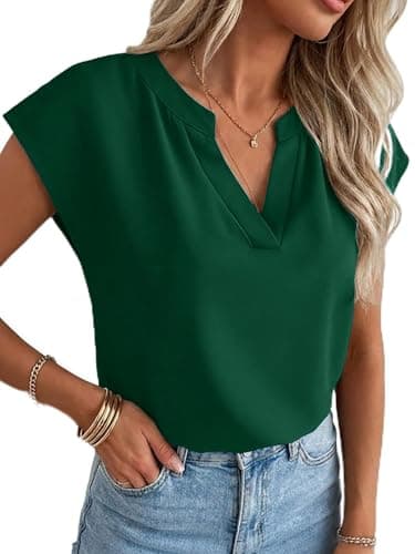 Funlingo Summer Tops for Women Cap Sleeve Dressy Casual V Neck Tunic Blouse Office Work Shirts 2026 Loose Fit Outfits Green 2XL - Image 1