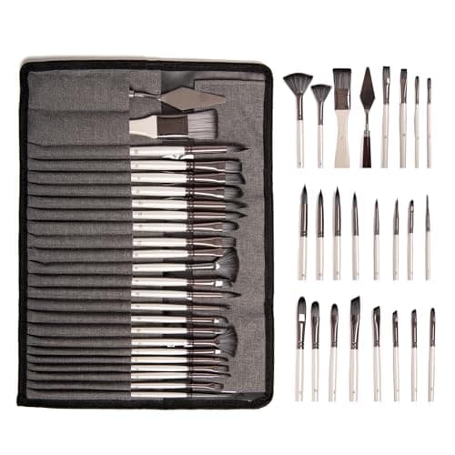 WEPSIXE Paint Brushes Set, 24 Pcs Artist Paint Brush Set with Nylon Bristles, Wooden Handles, Roll-Up Canvas Case and Palette Knife for Acrylic, Watercolor, Oil, Gouache, Canvas Painting, Pearl White - Image 1