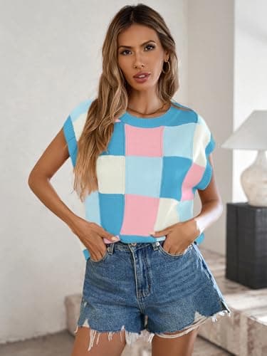 Libsorge Women's Knit Crop Top - Checkered Cute Sweater, Cap Sleeve, Crew Neck | Trendy Casual Short Sleeve Blue - Thumbnail 2