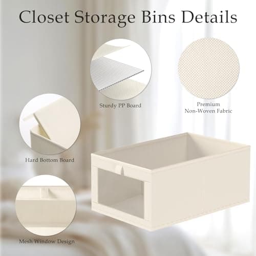 Criusia Closet Organizers and Storage, 4 Pack Linen Closet Baskets with Mesh Window for Organization, Foldable Closet Organizer for Clothing, Towels, Toys, Nursery, Books, Shelves, Beige - Thumbnail 4