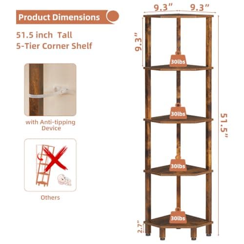 YUFAM 5-Tier Corner Shelf with Sturdy 5-Leg Base, 52in Tall Narrow Bookcase for Small Spaces, Wooden Plant Display Shelf, Thin Bookshelf for Living Room, Bedroom, Office, Brown - Thumbnail 2