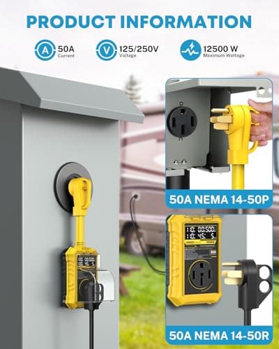 Kohree RV Surge Protector 50 Amp, RV Power Surge Voltage Protection, RV Adapter Plug with Real-Time Circuit Analyzer Smart Auto Shut Off LED Large Screen for Travel Trailers Camper, 50A 16000J-Yellow - Thumbnail 4