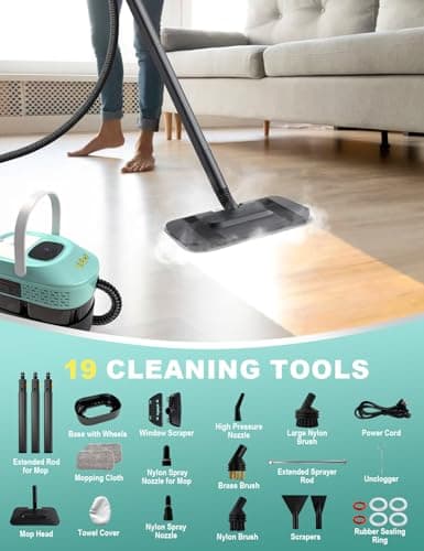 Zerpyor Steam Mop, 19 in 1 Detachable Steam Cleaner, 54OZ Tank, 10S Heat-up, Pressurized Deep Cleaning Steamer, 3-Level Temp & 221°F for Floors, Carpets, Tiles, BBQ grill, Car, Window (MINT GREEN) - Thumbnail 5