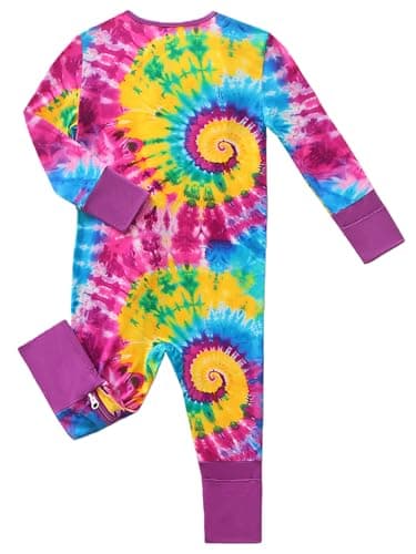 Joonberry Unisex Baby Bamboo Viscose Long Sleeve Romper, Cute Prints Zipper Footless Jumpsuit, Toddler One-Piece Outfits (Colorful Tie-Dye Print, 1-3M) - Thumbnail 2