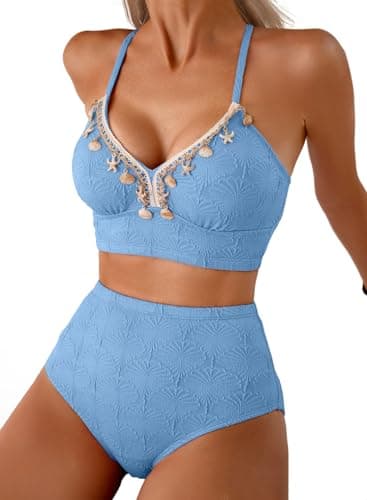 Herseas Women's Seashell Textured Bikini Sets Stitching Ribbon Shell Boho Decor Removable Pads Swimsuits High Waisted Blue Bathing Suits Flattering Resort Beach Outfits 2026 X-Large - Image 1