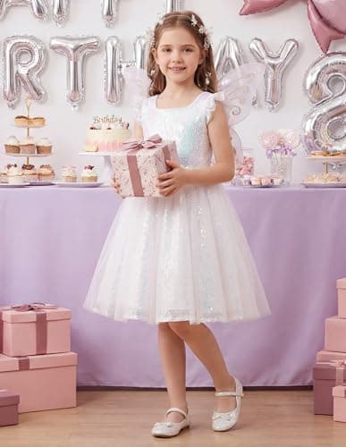 GRACE KARIN Girls Party Sequin Dress Size 8, Kids Birthday Dance Formal Sparkly Dresses, Wedding Flower Girl Dress White - Thumbnail 4