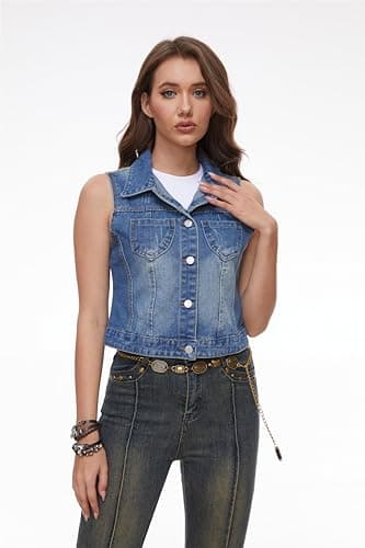 J.Corrine Women’s Denim Vest Sleeveless Classic Cropped Distressed Spread Collar Button Jean Vest Jackets With Pockets-Medium Blue S - Thumbnail 3