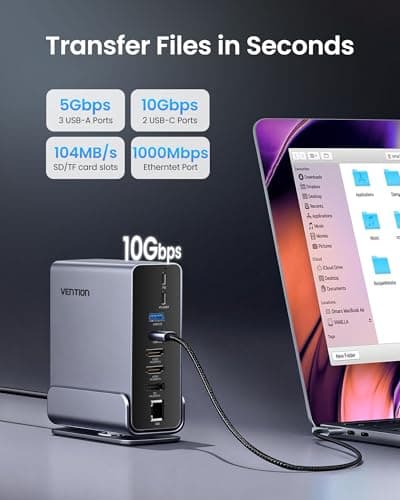 VENTION 15-in-1 Laptop Docking Station Dual Monitor, 360° Roatable Triple Monitor Docking Station with 2 * 4K HDMI and 1*DP, PD 100W Charging for Laptop, 10Gbps USB Port Transfer, RJ45, Audio, SD/TF - Thumbnail 6