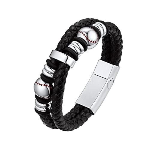 Bestyle Genuine Leather Braided Stainless Steel Baseball Bead Bracelets for Men, Fashion Wirstband Ball Sport Bracelets Mens Sports Jewelry for Sprots Fan - Image 1