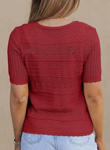 Dokotoo Women's Boho Hollow Out Knit Top Short Sleeve Crew Neck Sweater Cute Crochet Pullover Blouse Red Sweaters XL - Thumbnail 4