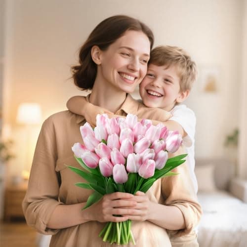 U'Artlines 30Pcs Fake Tulips Artificial Flowers with Stems Faux Tulips Bouquet Real Touch Flower for Wedding Home Kitchen Spring Easter Mother's Day Floral Arrangement Decor (Light Pink) - Thumbnail 3