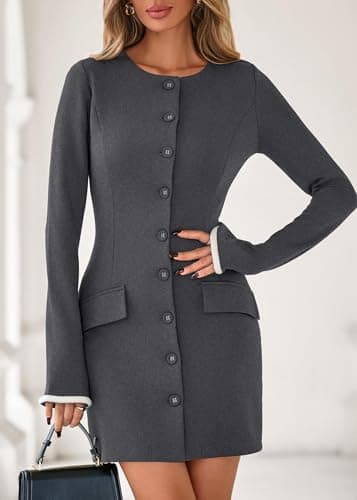 Lazysmile Women's Casual Dresses Long Sleeve Boat Neck Button Down Bodycon Mini Fall Party Club Cocktail Dresses for Women Grey - Thumbnail 3