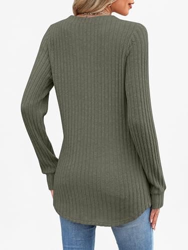 ANRABESS Womens Long Sleeve Henley Shirts 2026 Fall Tunic Tops Ribbed Knit Lightweight Sweaters Dressy Casual Blouse Outfits Deep Green Medium - Thumbnail 5