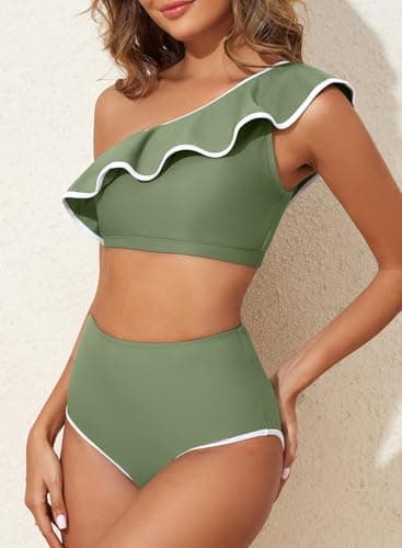 Herseas Women's Asymmetrical Bikini Sets White Trim Ruffle Bikini Top Girls Swim Suits 2026 Summer Cute High Waisted Bathing Suits Army Green Beach Vacation Outfits X-Small - Thumbnail 2