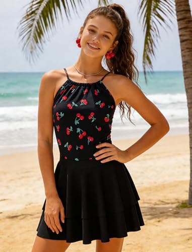 Seanrui Girls Kids Swimsuit One Piece Tankini Swimsuits Bathing Suit Swimwear Size 6 with Skirt Black Cherry - Thumbnail 2