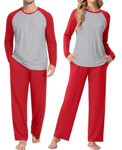 PrinStory Women's Pajama Sets - Soft Comfort Pjs Loose Fit Classic Raglan Sleeve Tops with Pants Sleep Loungewear Set Red M - Image 1