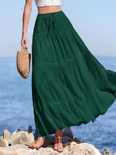 BTFBM Spring Skirts for Women 2026 Summer Boho Beach Vacation Clothes Casual Pleated High Waisted Flowy Maxi Skirt(Green, Small) - Thumbnail 5