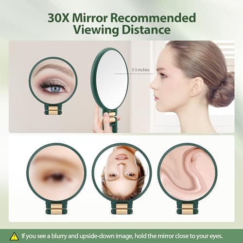 B Beauty Planet 30X Magnifying Mirror, Hand Mirror with Handle, Double Sided Hand Mirror with 30X/1X Magnification, Travel Essential Portable Foldable Makeup Mirror for Precision MakeupGreen - Thumbnail 3