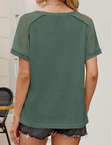 JUSTFASHIONNOW Women's Summer Tops Casual Short Sleeve V Neck Shirts Trendy 2025 Cute Ladies Blouses Business Outfits Green M - Thumbnail 3