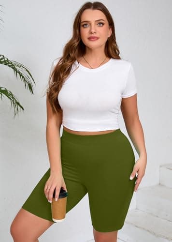 AusLook Plus Size Biker Shorts for Women 8" High Waisted Tummy Control Army Green 3X Yoga Workout Shorts Soft Stretch Gym Running Shorts - Thumbnail 6